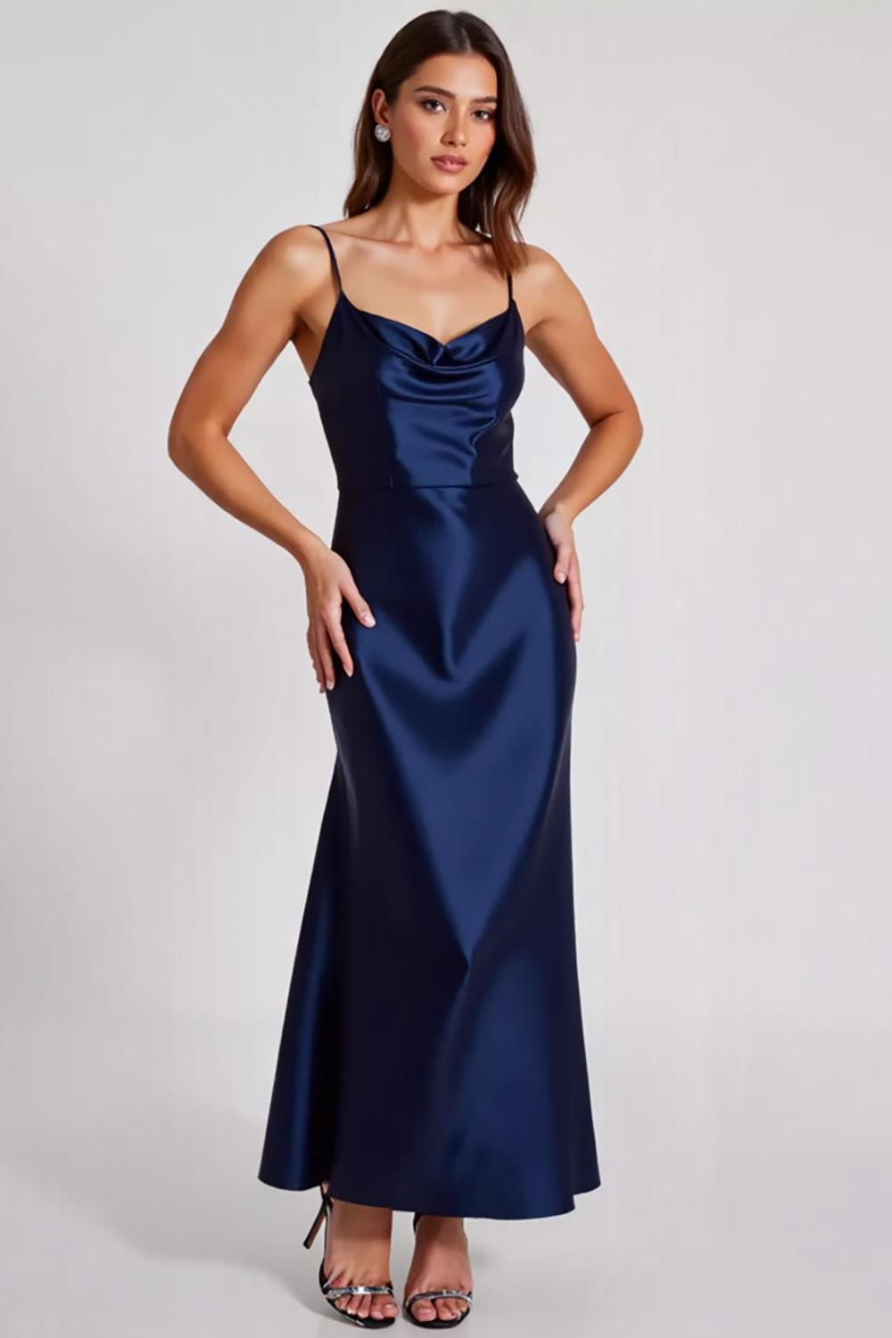 Spaghetti Straps Navy Wedding Guest Dress Satin Sheath Long Formal Dress