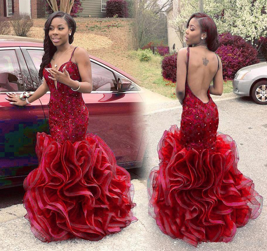 Spaghetti Straps Organza Ruffles Sexy Evening Dresses Backless V-neck Prom Gowns  BA2774