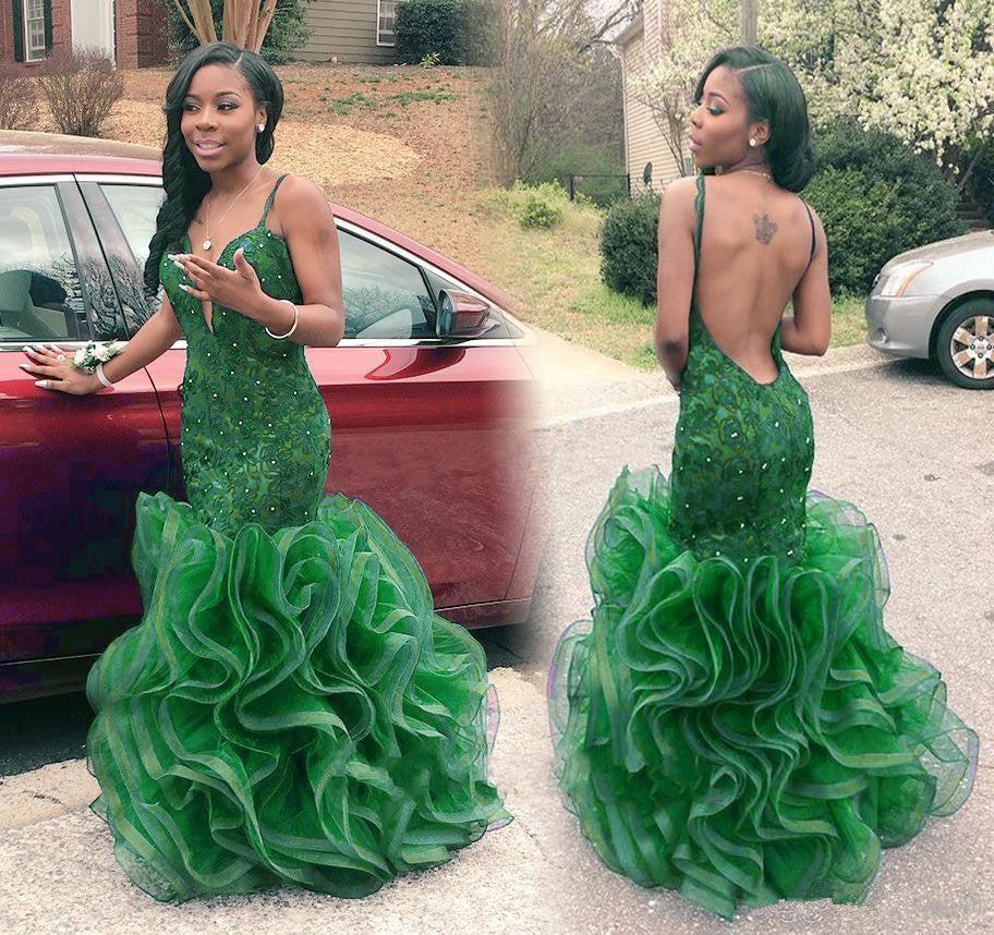 Spaghetti Straps Organza Ruffles Sexy Evening Dresses Backless V-neck Prom Gowns  BA2774