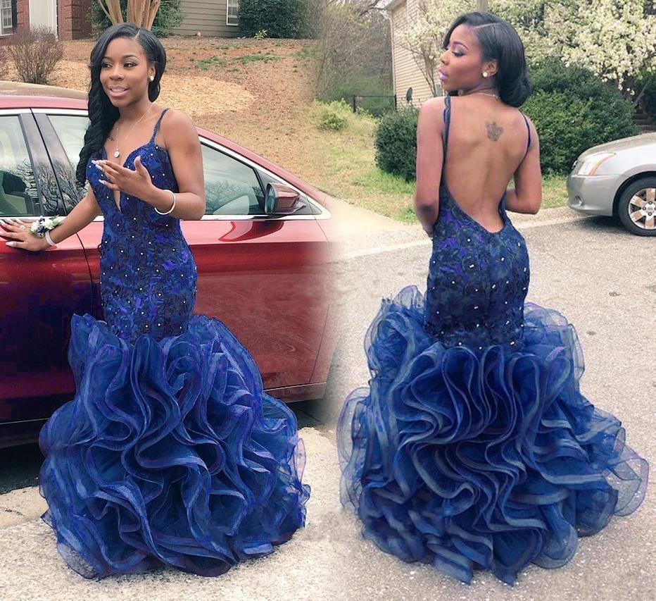 Spaghetti Straps Organza Ruffles Sexy Evening Dresses Backless V-neck Prom Gowns  BA2774