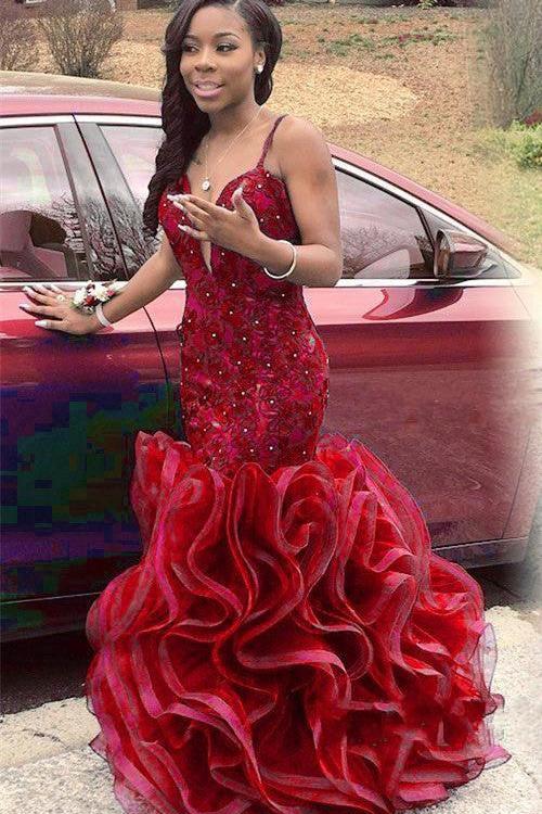 Spaghetti Straps Organza Ruffles Sexy Evening Dresses Backless V-neck Prom Gowns  BA2774