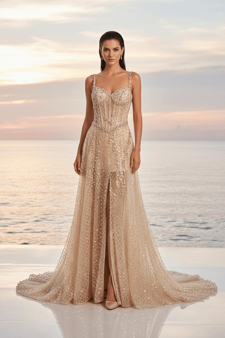 Spaghetti Straps Prom Dress Beaded Sleeveless Formal Evening Dress with Slit