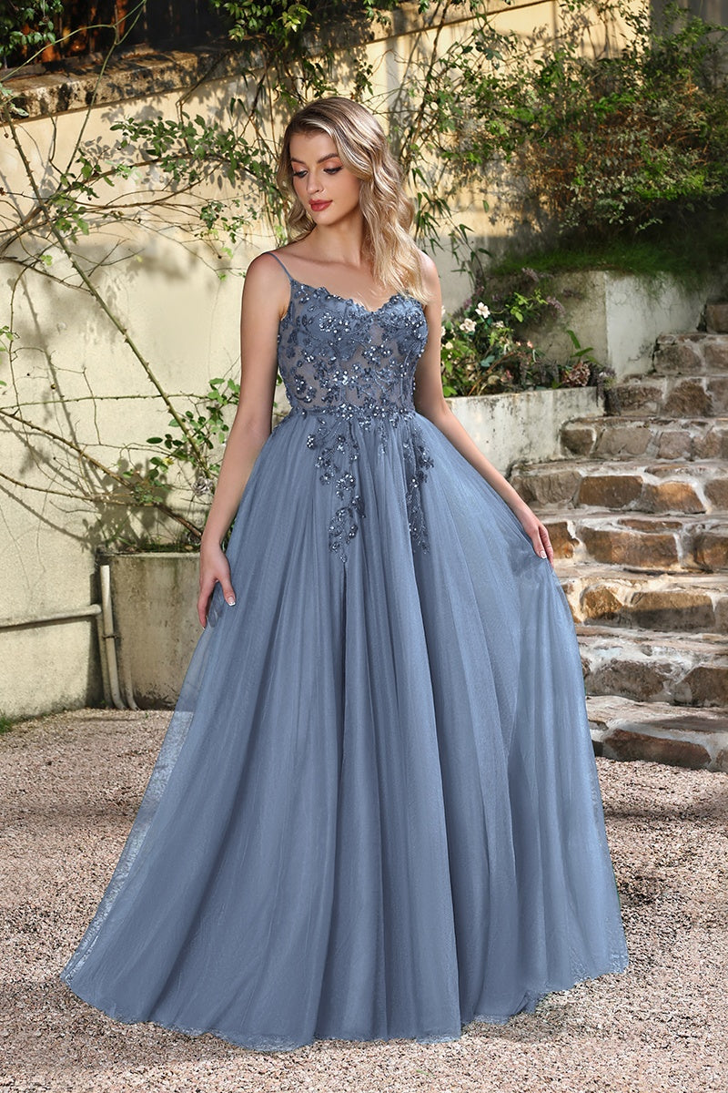 Spaghetti Straps Prom Dress Sequin A Line Tulle Evening Dress with Slit