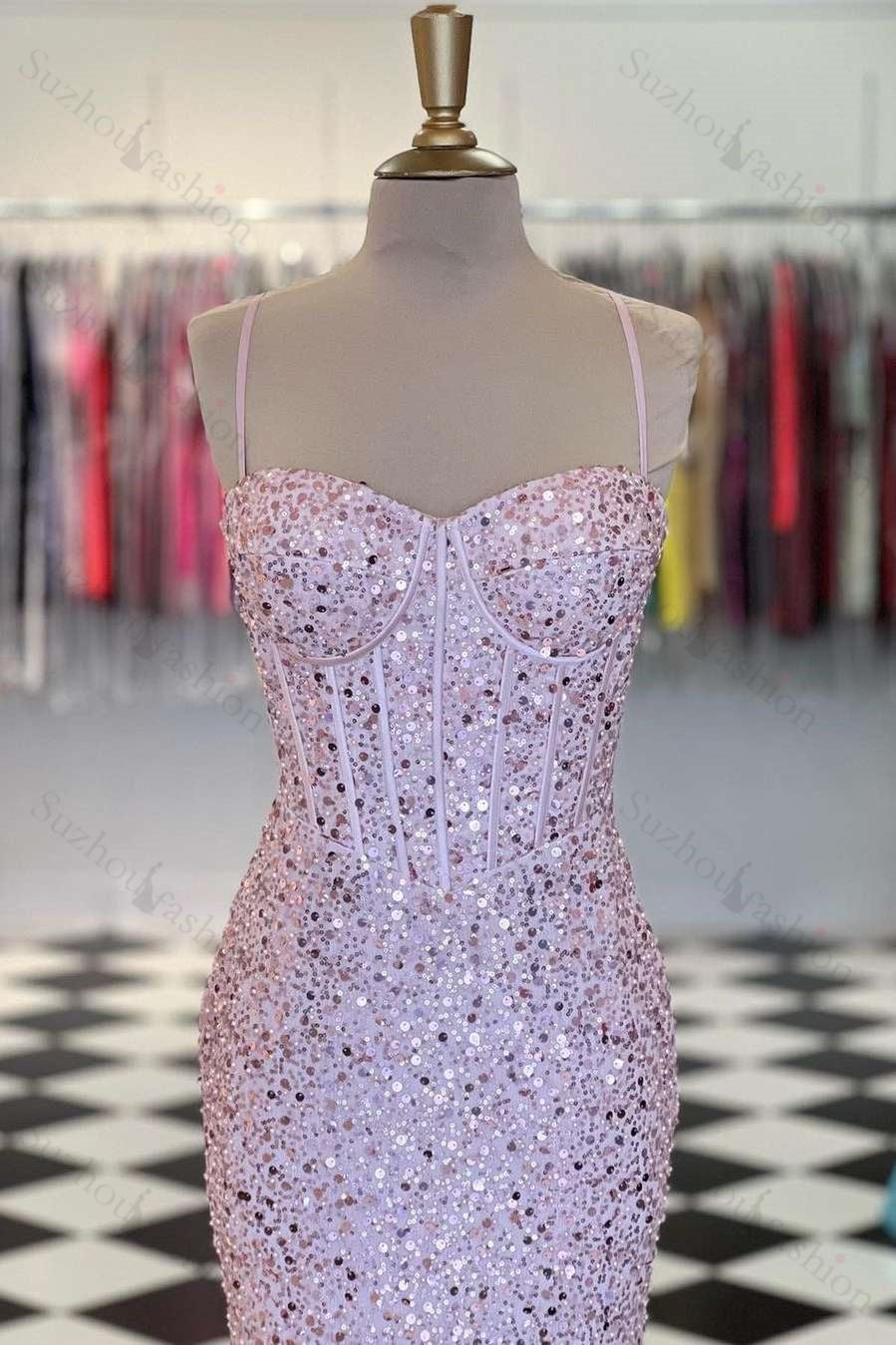 Spaghetti Straps Prom Dress Sequined Sweetheart Mermaid Evening Formal Dress