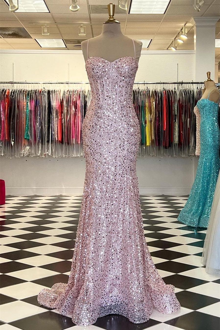 Spaghetti Straps Prom Dress Sequined Sweetheart Mermaid Evening Formal Dress