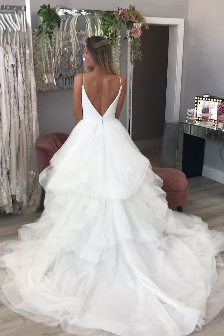 Spaghetti Straps Puffy Tulle Wedding Dresses | Sexy V-neck Bridal Gowns