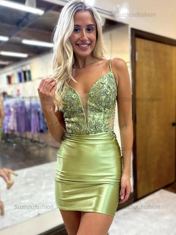 Suzhoufashion Spaghetti Straps Short Satin Homecoming Dress With Appliques