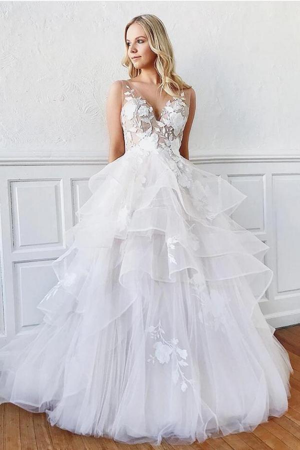 Spaghetti Straps Simple Wedding Dress with Layers Tulle Lace Appliques