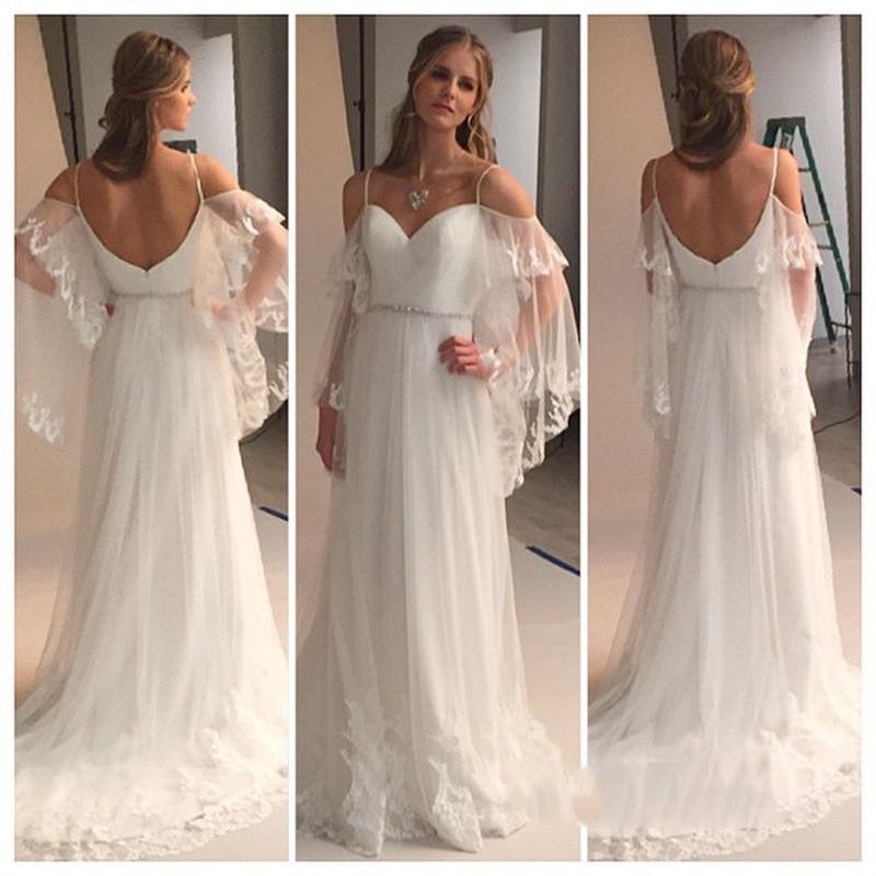 Spaghetti Straps Sweetheart Beach Beach Wedding Dress Illusion Sleeves Bridal Gowns BA0545