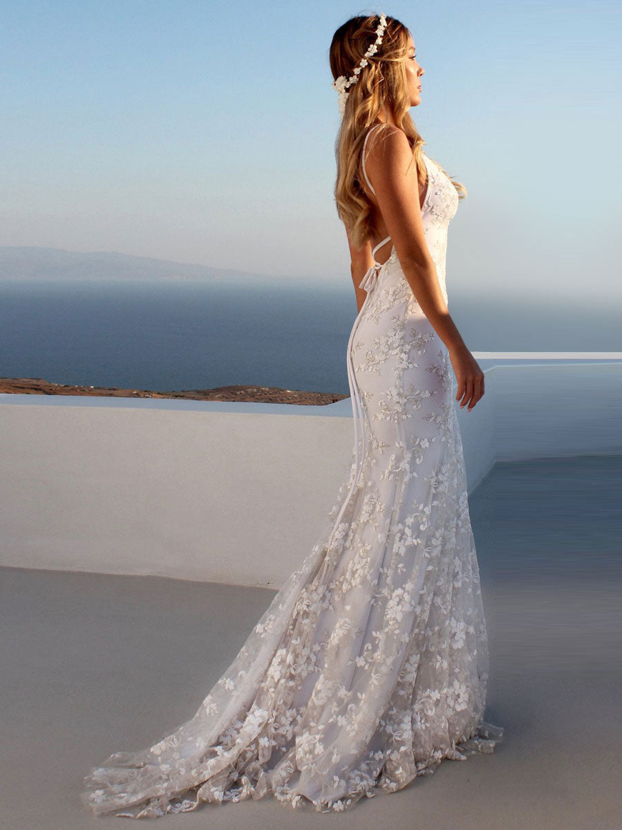 Spaghetti Straps Tulle V Neck Appliques Backless Mermaid Beach Wedding Dresses