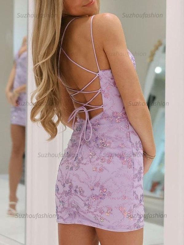 Suzhoufashion Spaghetti Straps V-Neck Appliques Tight Homecoming Dress