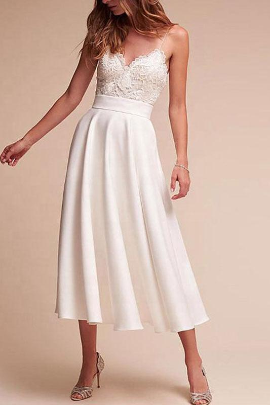 Spaghetti Straps V Neck Lace Tea-Length Ruffles Beach Wedding Dresses