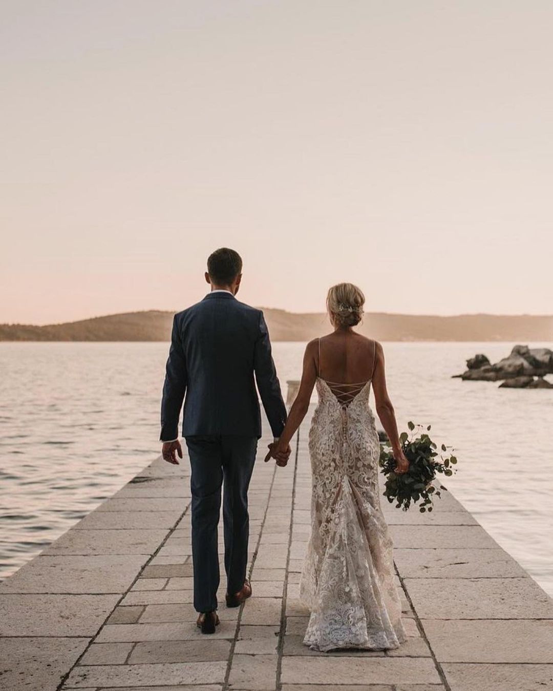Spaghetti Straps V-neck Simple Beach Wedding Dress with Floral Lace