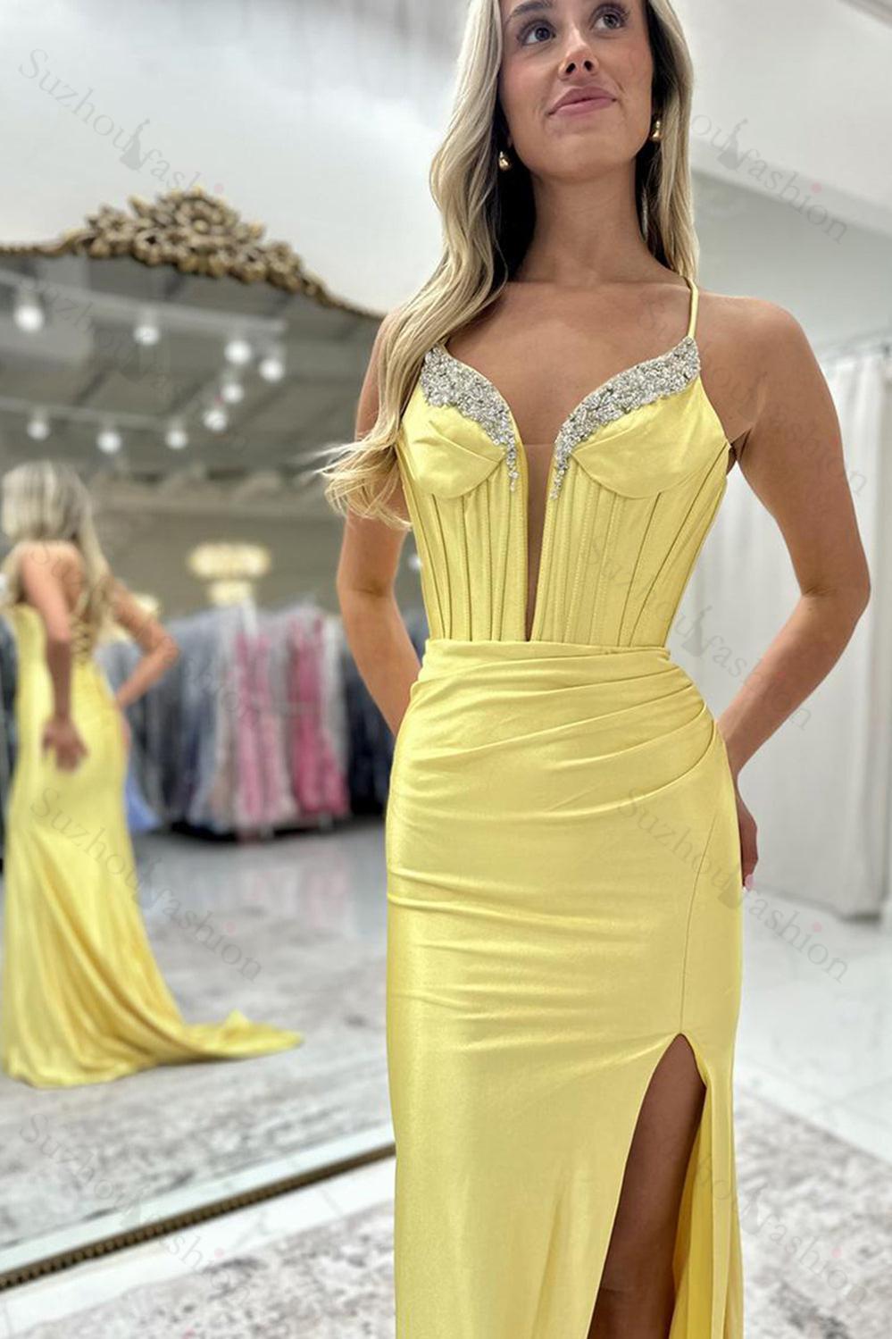 Spaghetti Straps Yellow Prom Dress Mermaid Corset Formal Dress With Slit