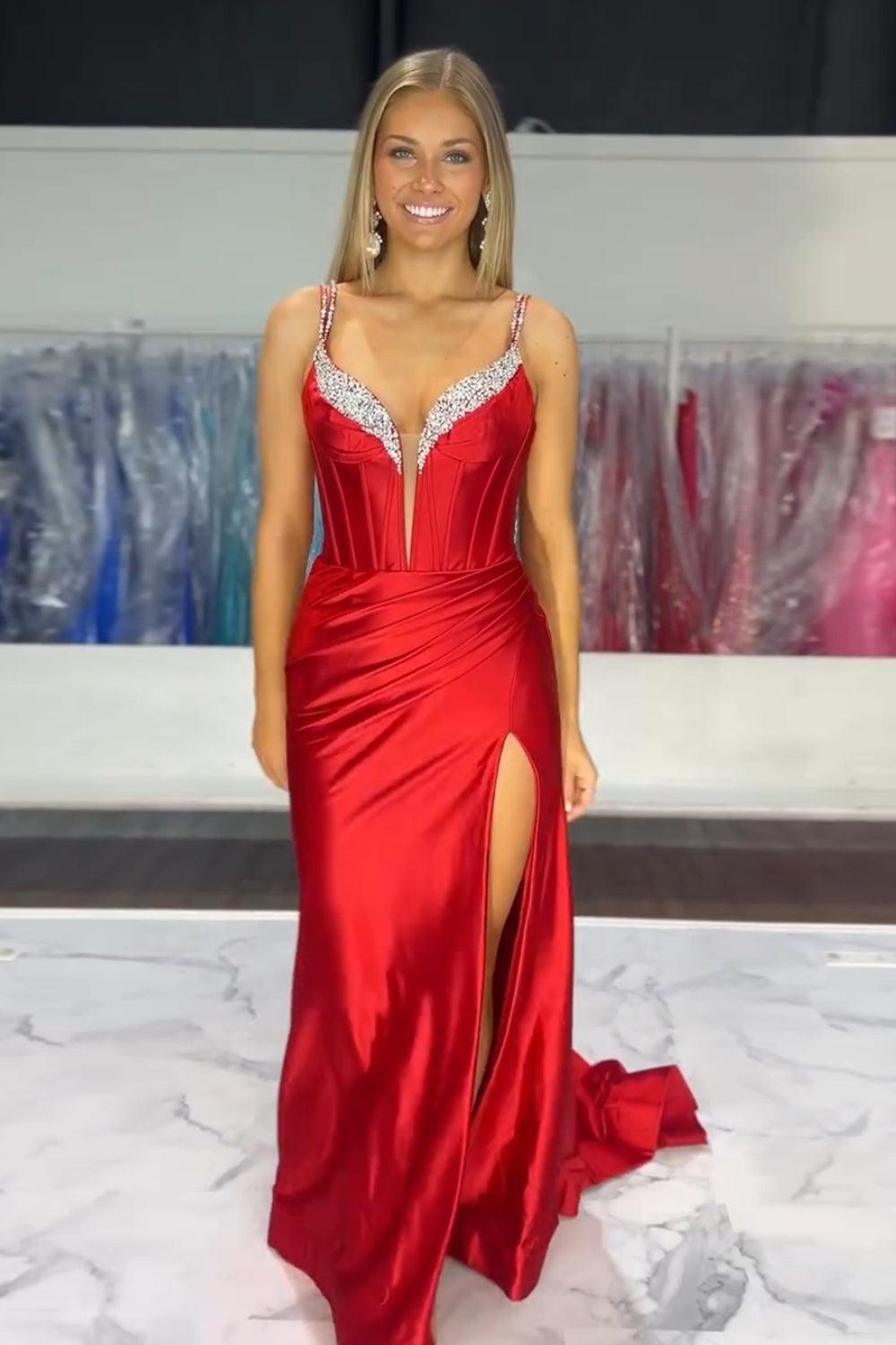Spaghetti Straps Yellow Prom Dress Mermaid Corset Formal Dress With Slit