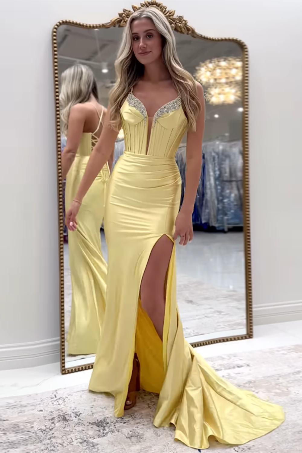 Spaghetti Straps Yellow Prom Dress Mermaid Corset Formal Dress With Slit