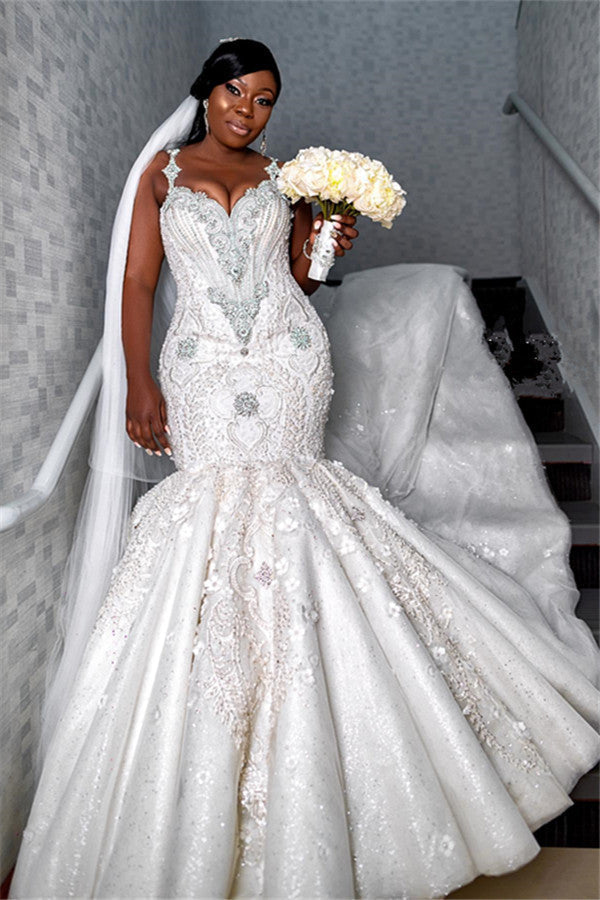 Spaghetti strap Luxury Sweetheart Wedding Dresses | Beading Appliques Mermaid Bridal Dresses BC4181