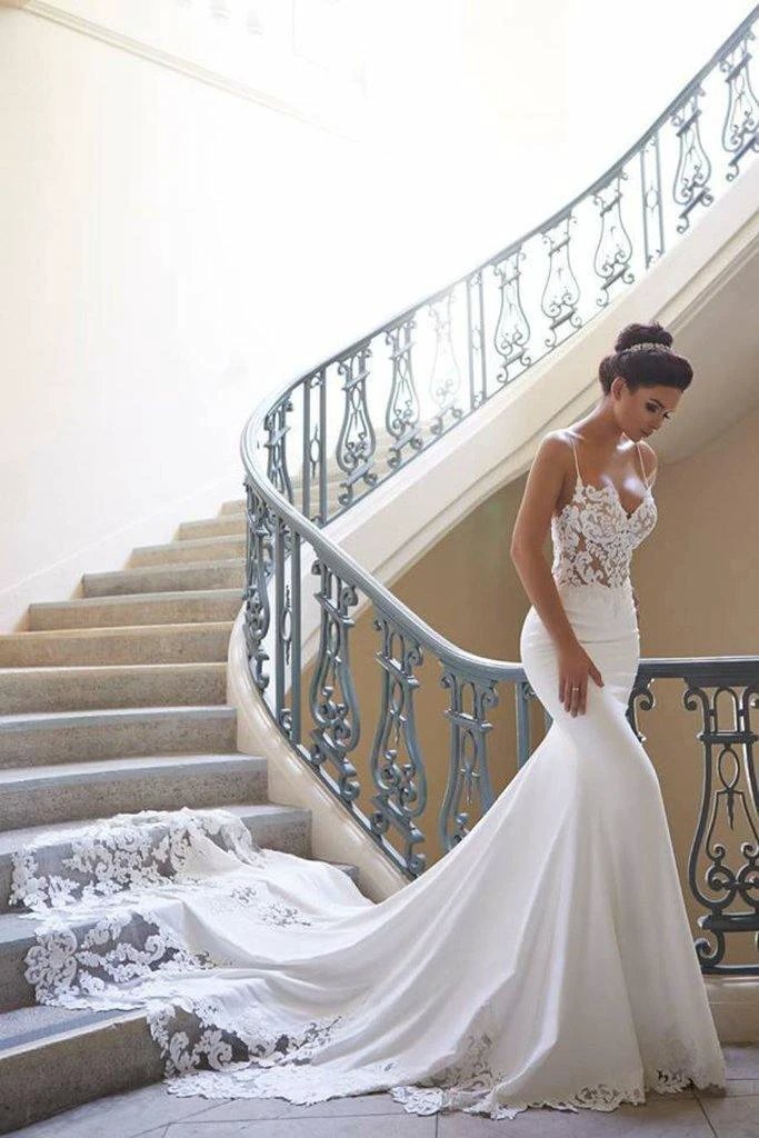 Spaghetti Strap Backless Applique Fitted Mermaid Wedding Dresses (ZD15999) - VelvetHem