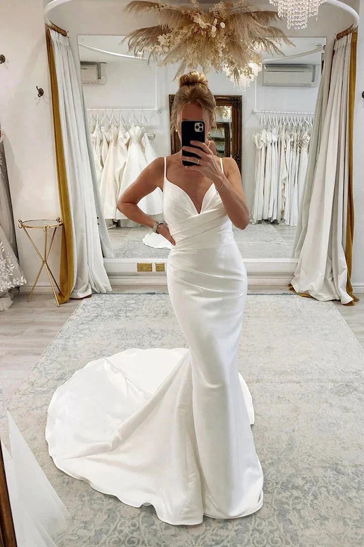 Spaghetti Straps V-neck Pleats Simple Mermaid Satin Wedding Dress (ZD16168)