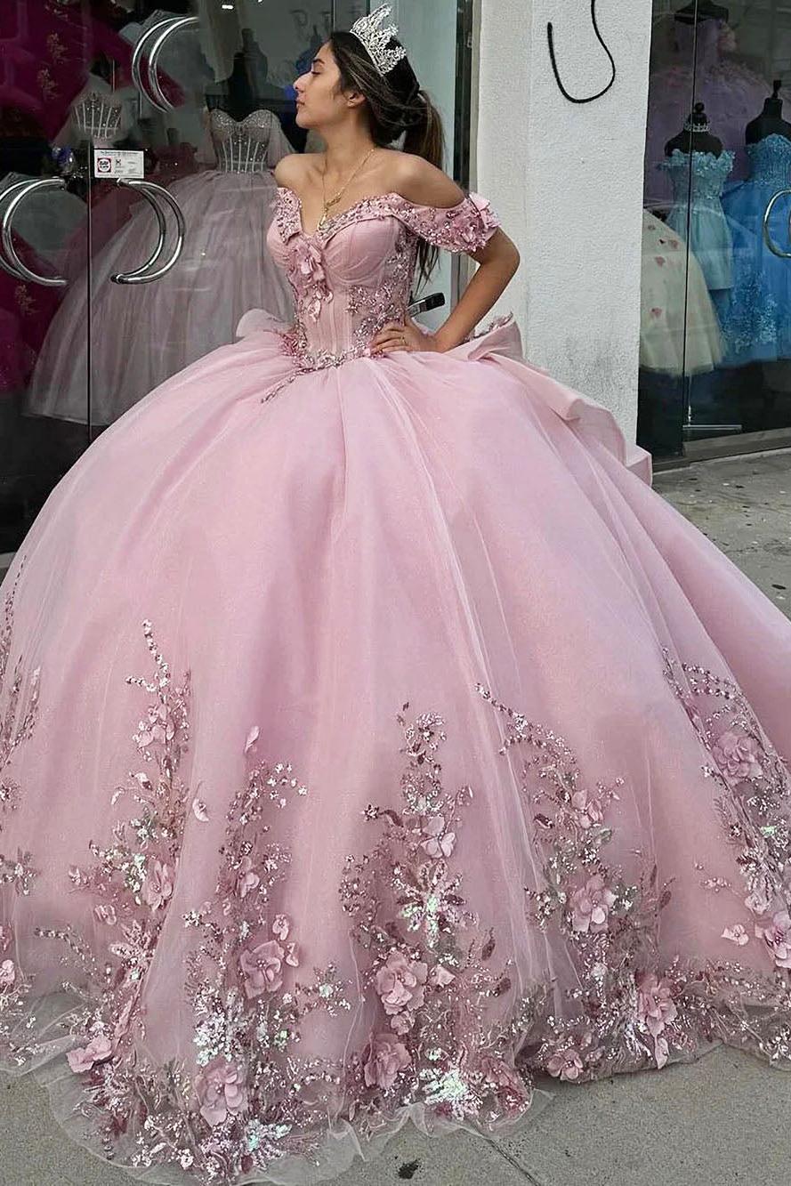 Sparkle & Glitter Ball Gown Off Shoulder Flowers Appliques Beaded Tiered Ruffles Pink Tulle Quinceanera Dress Graduation Party Gown For Sweet 16