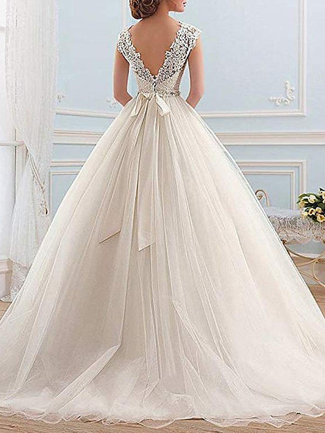 Sparkle & Shine Ball Gown Wedding Dress Lace Tulle Cap Sleeve Vintage Bridal Gowns Illusion Detail with Sweep Train