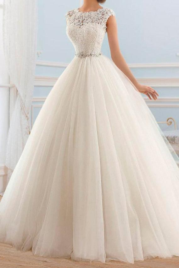 Sparkle & Shine Ball Gown Wedding Dress Lace Tulle Cap Sleeve Vintage Bridal Gowns Illusion Detail with Sweep Train