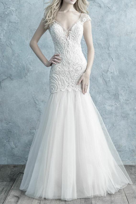 Sparkle & Shine Mermaid Wedding Dress V-neck Lace Tulle Cap Sleeve Sexy Backless Bridal Gowns with Sweep Train