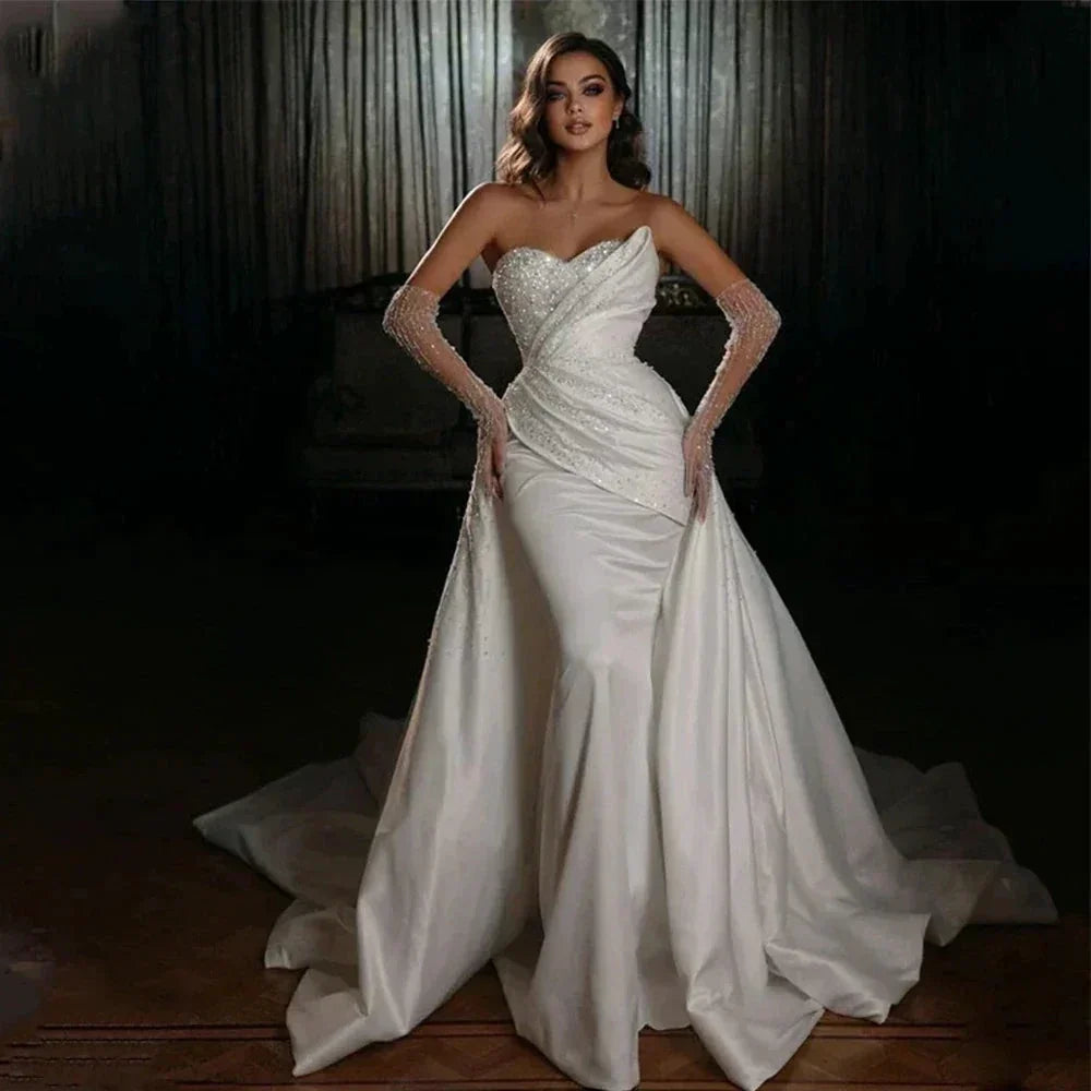 Sparkling Simple Off Shoulder Lace Mermaid Sleeveless Wedding Dresses Luxurious Sexy Sweetheart Floor Length Bridal Gown 2023 (ZD13534) - VelvetHem