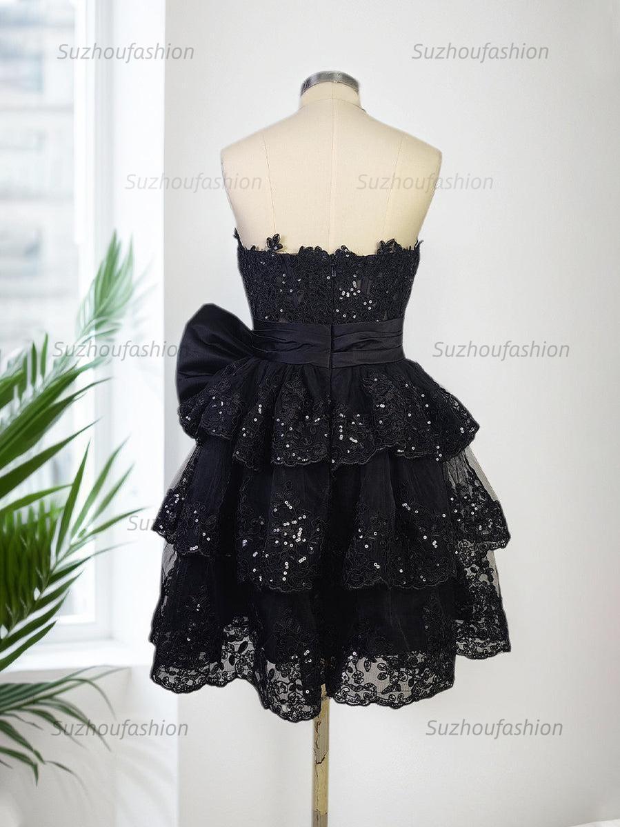 Suzhoufashion Sparkly A Line Sweetheart Corset Tiered Ruffle Homecoming Dress with Bows