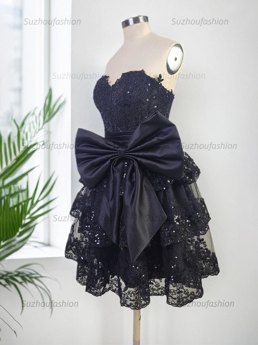 Suzhoufashion Sparkly A Line Sweetheart Corset Tiered Ruffle Homecoming Dress with Bows