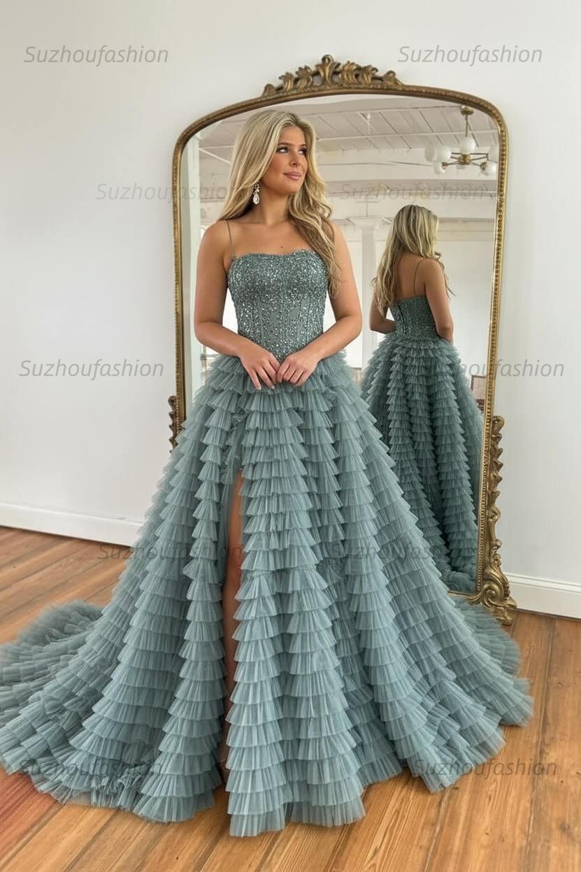 Sparkly Black Corset Spaghetti Straps Tulle A-Line Long Prom Dress with Slit
