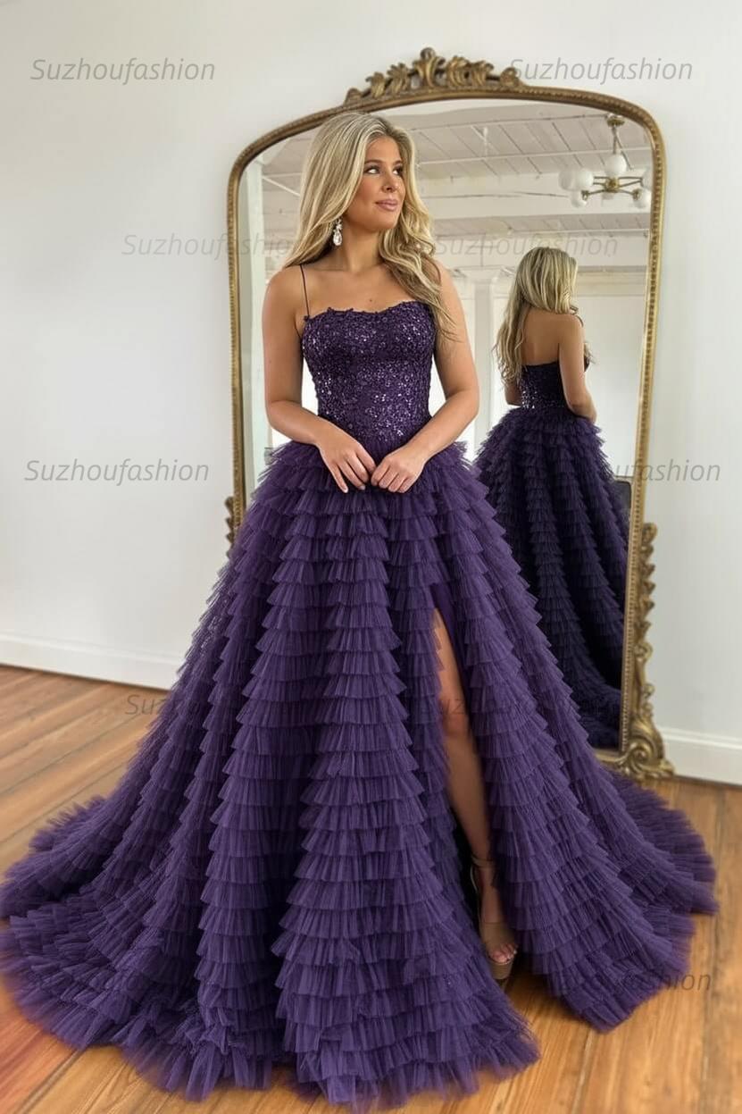 Sparkly Black Corset Spaghetti Straps Tulle A-Line Long Prom Dress with Slit