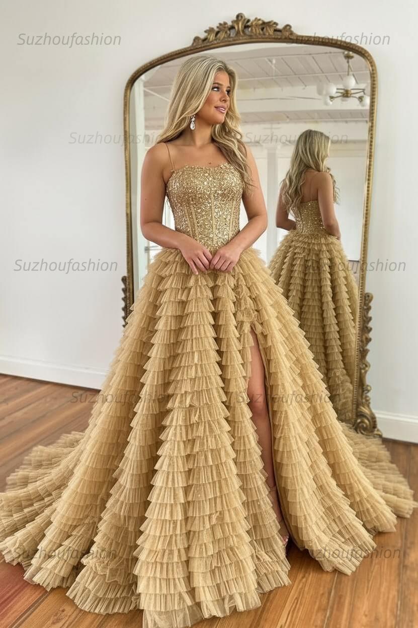 Sparkly Black Corset Spaghetti Straps Tulle A-Line Long Prom Dress with Slit