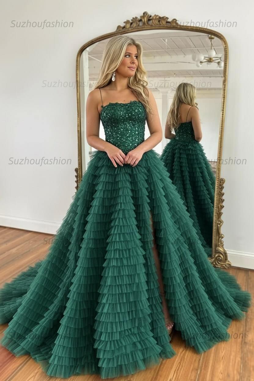 Sparkly Black Corset Spaghetti Straps Tulle A-Line Long Prom Dress with Slit