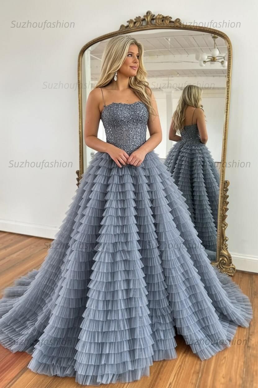 Sparkly Black Corset Spaghetti Straps Tulle A-Line Long Prom Dress with Slit