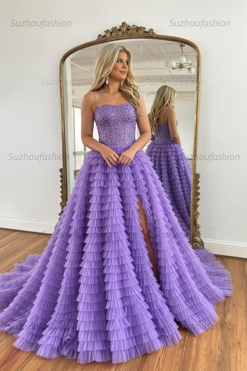 Sparkly Black Corset Spaghetti Straps Tulle A-Line Long Prom Dress with Slit