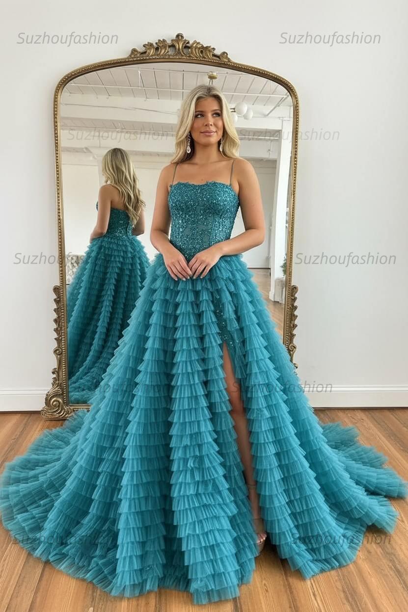 Sparkly Black Corset Spaghetti Straps Tulle A-Line Long Prom Dress with Slit