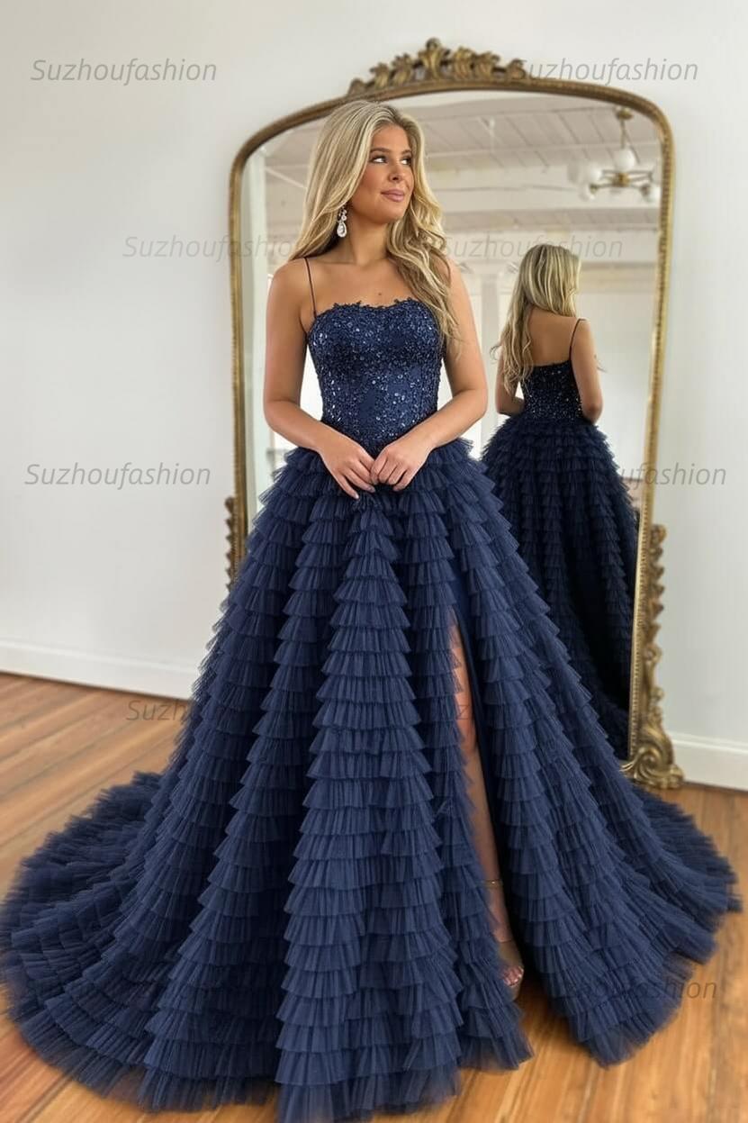 Sparkly Black Corset Spaghetti Straps Tulle A-Line Long Prom Dress with Slit