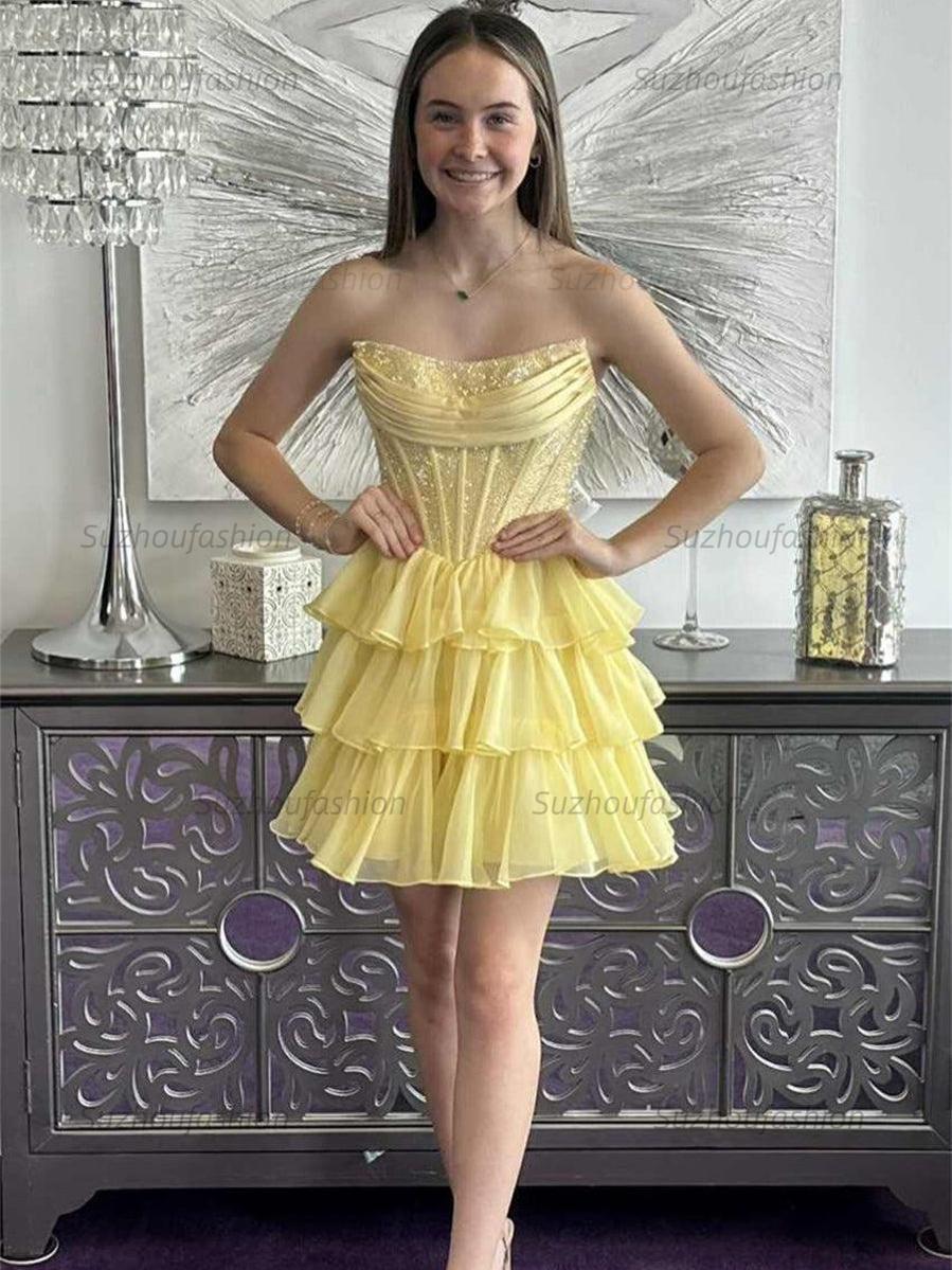 Suzhoufashion Sparkly Corset A Line Short Beaded Homecoming Dress with Ruffles
