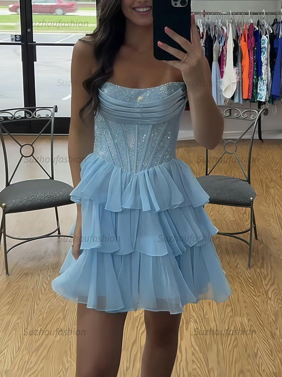 Suzhoufashion Sparkly Corset A Line Short Beaded Homecoming Dress with Ruffles
