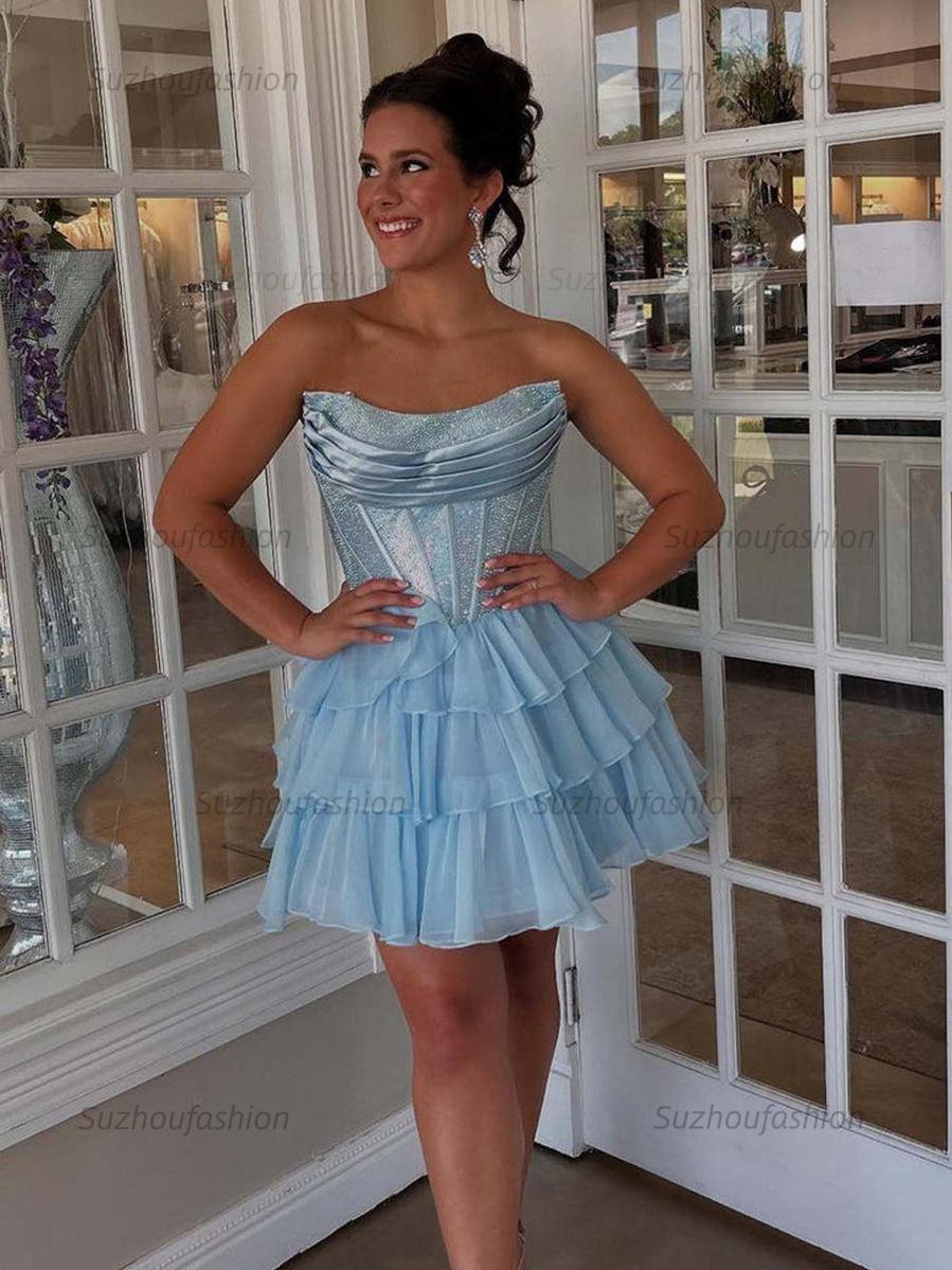 Suzhoufashion Sparkly Corset A Line Short Beaded Homecoming Dress with Ruffles