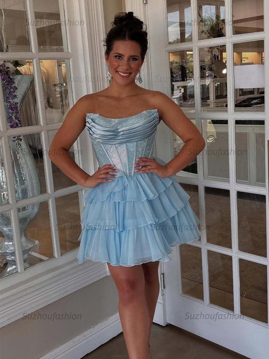 Suzhoufashion Sparkly Corset A Line Short Beaded Homecoming Dress with Ruffles