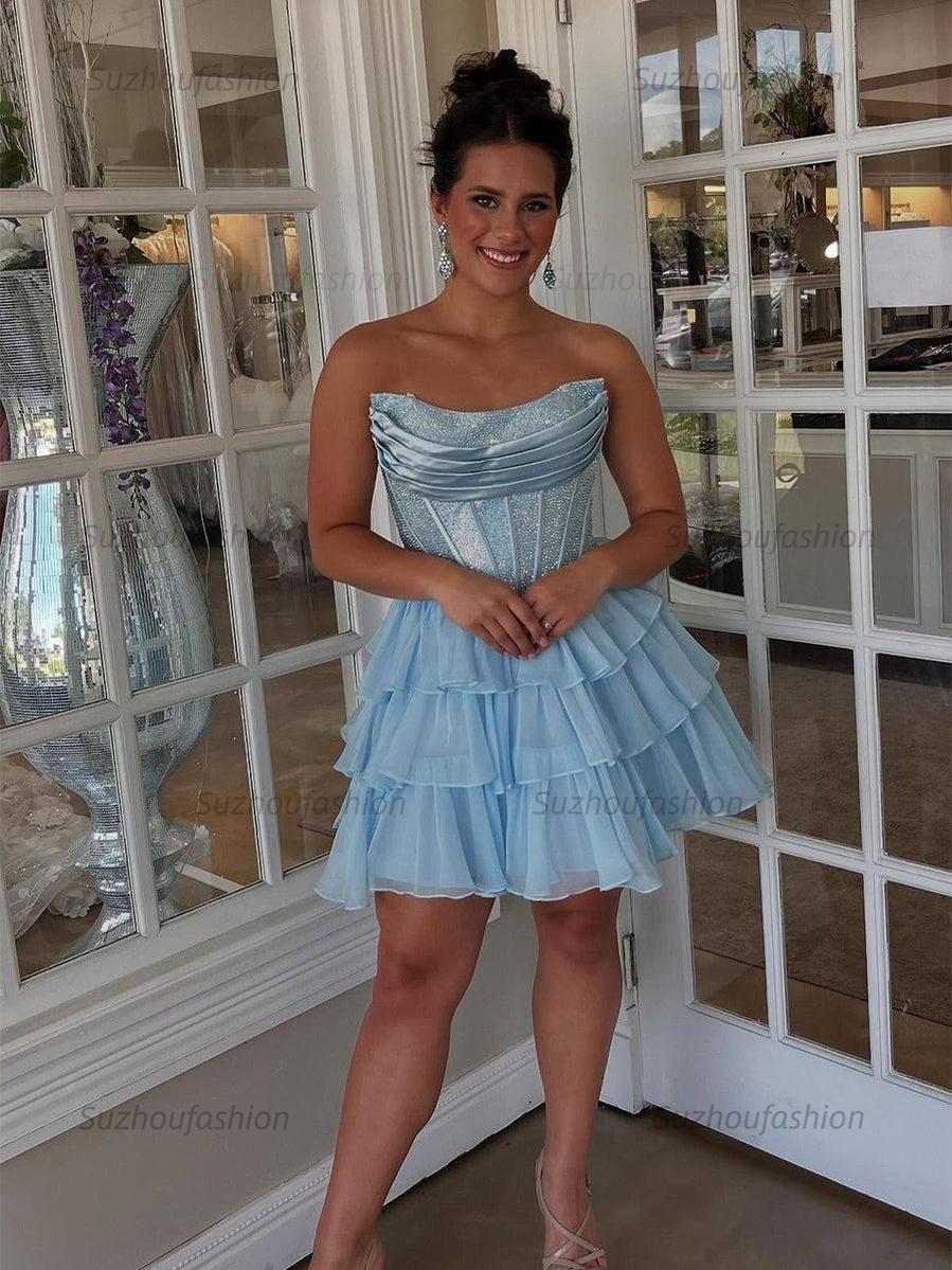 Suzhoufashion Sparkly Corset A Line Short Beaded Homecoming Dress with Ruffles