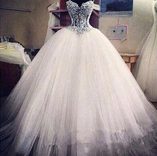Sparkly Crystal Ball Gown Corset Wedding Dress with Beadings Sweetheart Tulle Princess Bridal Gown