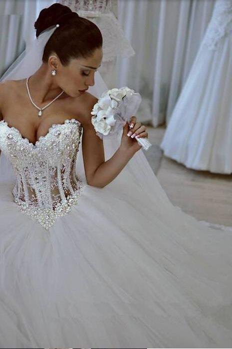 Sparkly Crystal Ball Gown Corset Wedding Dress with Beadings Sweetheart Tulle Princess Bridal Gown