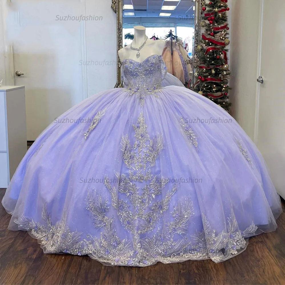 Sparkly & Glitter Ball Gown Off Shoulder Lace Appliques Beaded Lavender Tulle Quinceanera Dress Evening Party Dress For Sweet 16