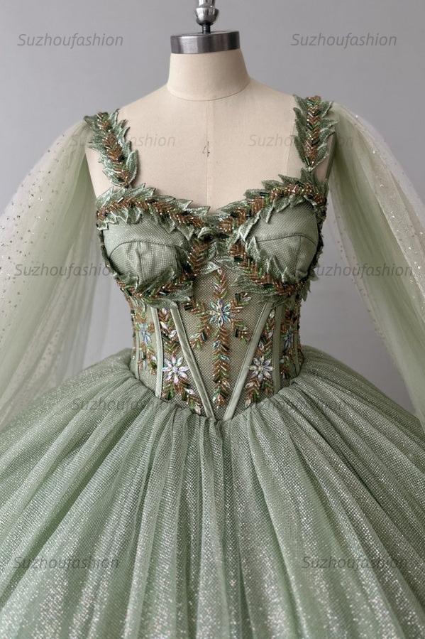 Sparkly & Glitter Ball Gown Sweetheart Neck Sleeveless Beaded Sage Tulle Green Quinceanera Dress Formal Evening Party Gown For Sweet 16