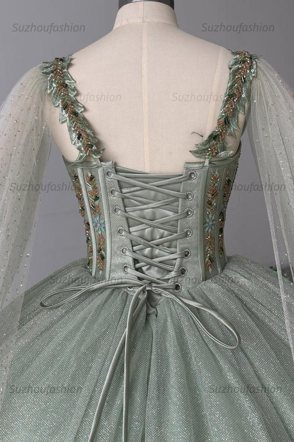 Sparkly & Glitter Ball Gown Sweetheart Neck Sleeveless Beaded Sage Tulle Green Quinceanera Dress Formal Evening Party Gown For Sweet 16