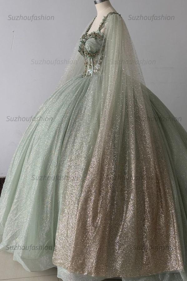 Sparkly & Glitter Ball Gown Sweetheart Neck Sleeveless Beaded Sage Tulle Green Quinceanera Dress Formal Evening Party Gown For Sweet 16