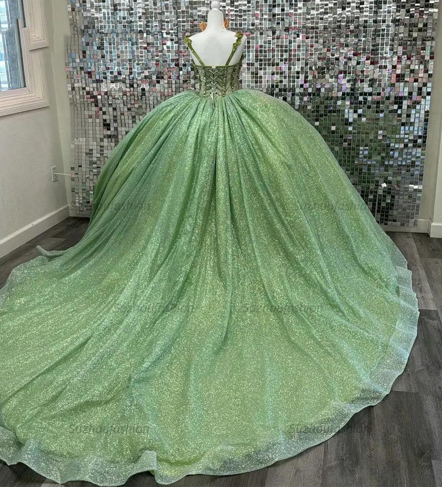 Sparkly & Glitter Ball Gown Sweetheart Neck Sleeveless Beaded Sage Tulle Green Quinceanera Dress Formal Evening Party Gown For Sweet 16